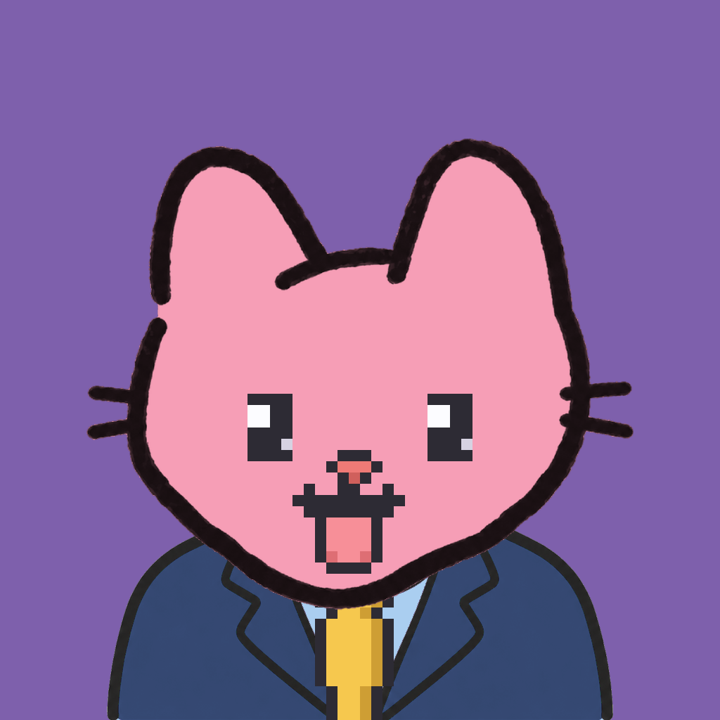 Employee #1610 — a pink cat, in a navy suit, with a gold tie, on plasma violet