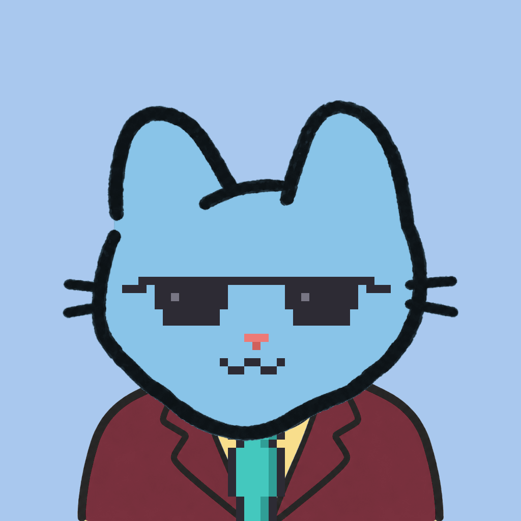 Employee #1611 — a sky cat, in a burgundy suit, with a teal tie, wearing shades glasses, on sky