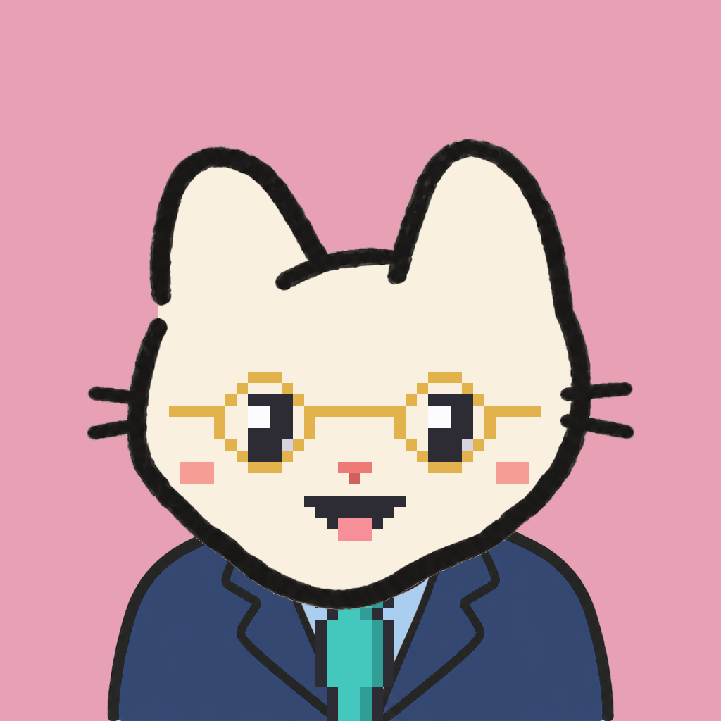 Employee #1612 — a cream cat, in a navy suit, with a teal tie, wearing round-gold glasses, on rose
