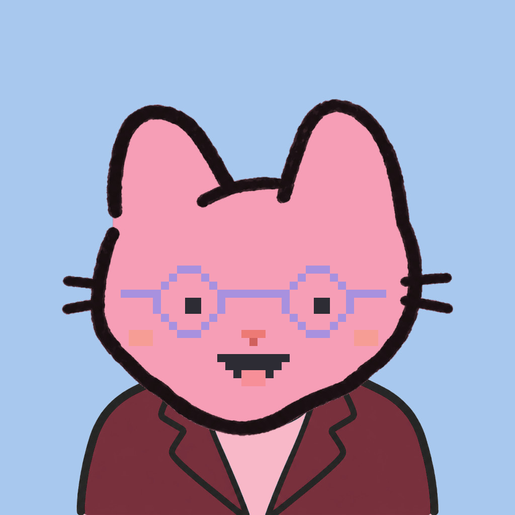 Employee #1613 — a pink cat, in a burgundy suit, wearing round-lavender glasses, on sky