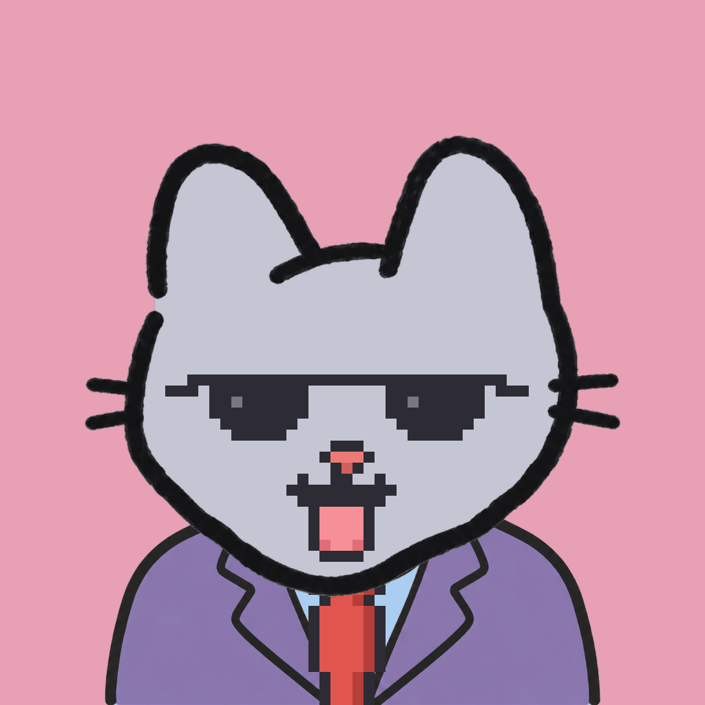Employee #1614 — a gray cat, in a lavender suit, with a red tie, wearing shades glasses, on rose