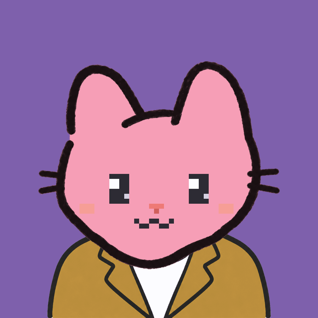 Employee #1615 — a pink cat, in a mustard suit, on plasma violet