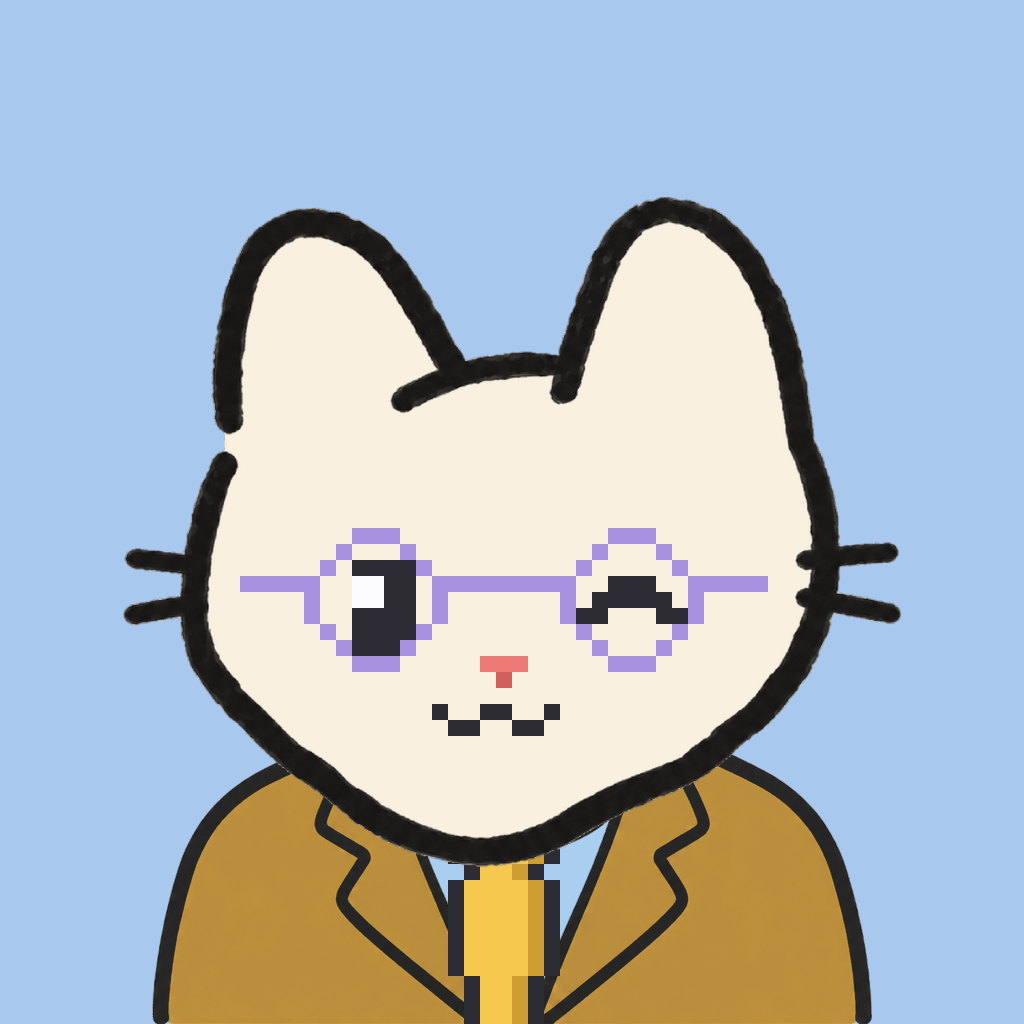 Employee #1616 — a cream cat, in a mustard suit, with a gold tie, wearing round-lavender glasses, on sky