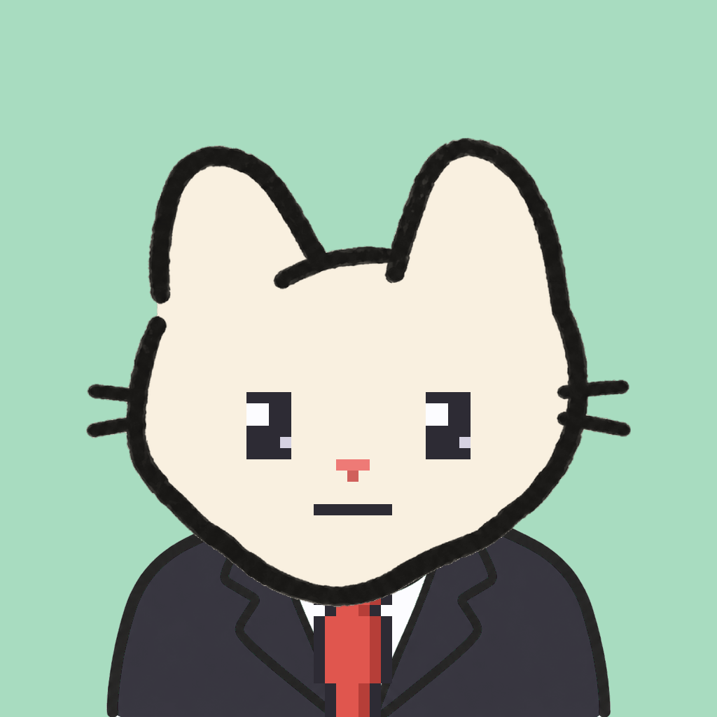 Employee #1617 — a cream cat, in a black suit, with a red tie, on mint