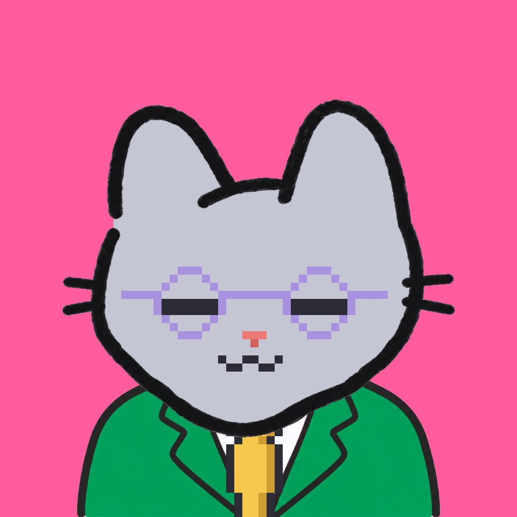Employee #1618 — a gray cat, in a green suit, with a gold tie, wearing round-lavender glasses, on hot pink
