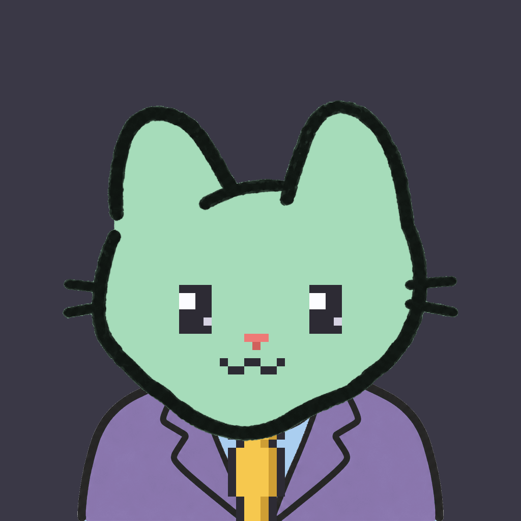 Employee #1619 — a mint cat, in a lavender suit, with a gold tie, on charcoal