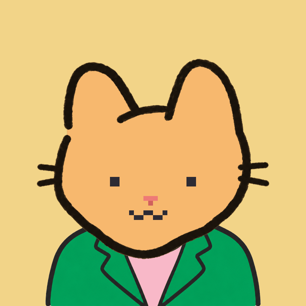 Employee #0162 — a tabby cat, in a green suit, on butter