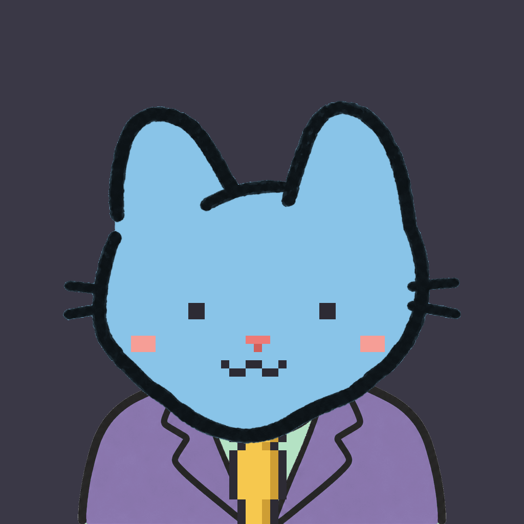 Employee #1620 — a sky cat, in a lavender suit, with a gold tie, on charcoal