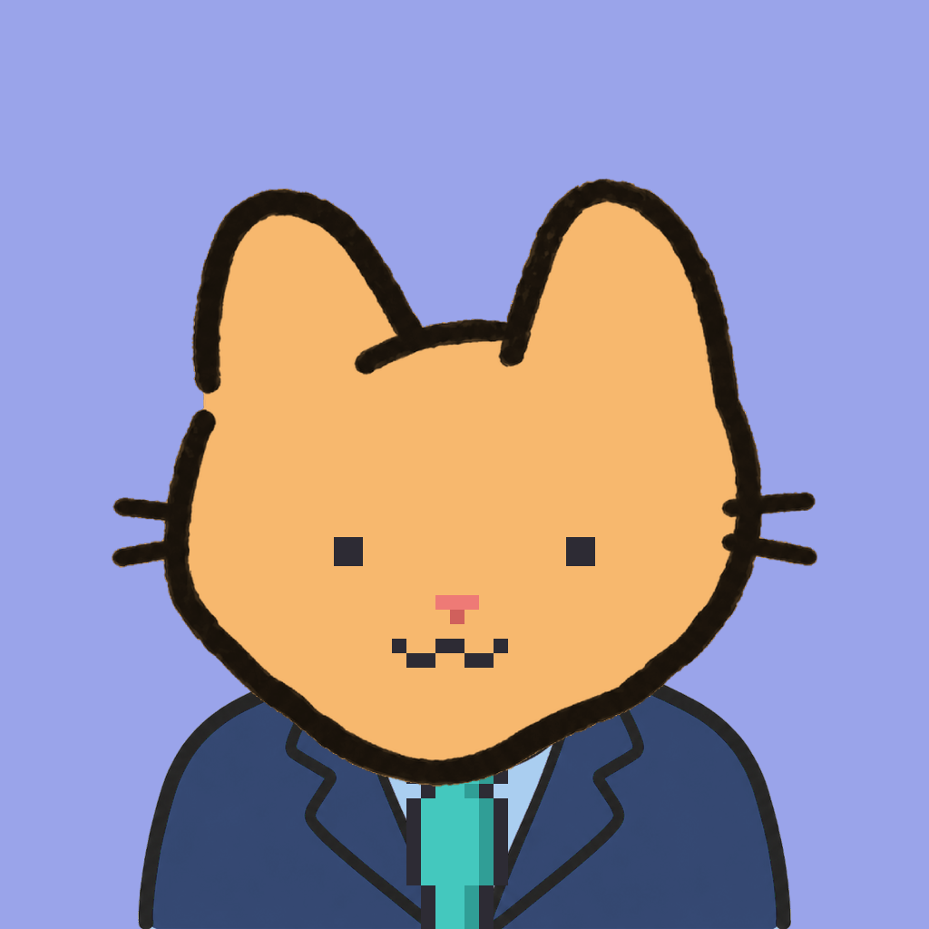 Employee #1621 — a tabby cat, in a navy suit, with a teal tie, on periwinkle