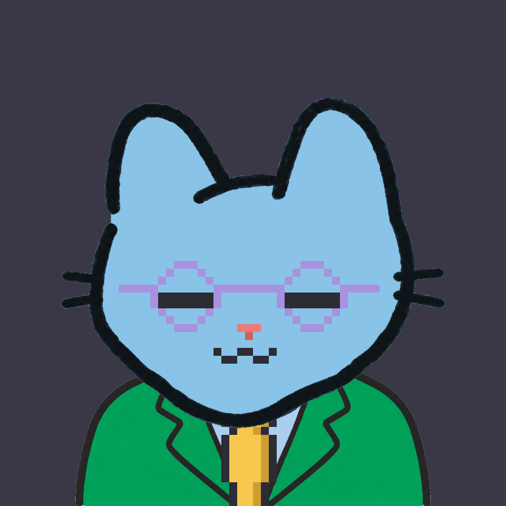 Employee #1622 — a sky cat, in a green suit, with a gold tie, wearing round-lavender glasses, on charcoal