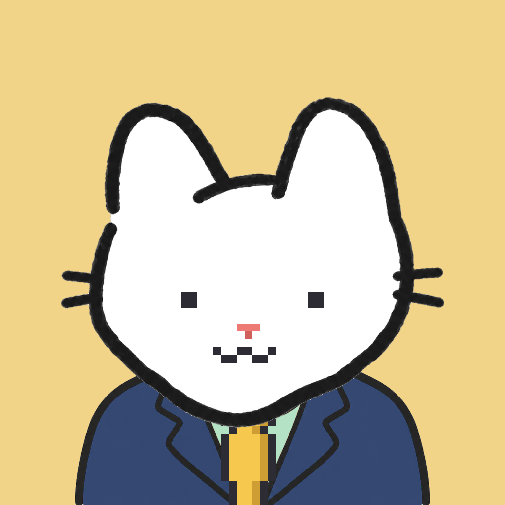 Employee #1623 — a white cat, in a navy suit, with a gold tie, on butter