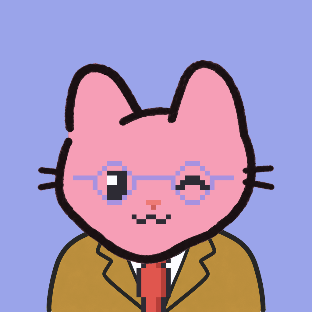 Employee #1624 — a pink cat, in a mustard suit, with a red tie, wearing round-lavender glasses, on periwinkle