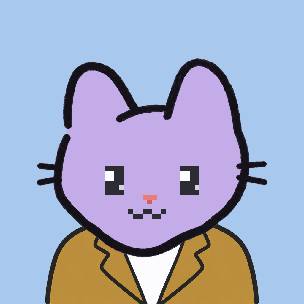 Employee #1625 — a lavender cat, in a mustard suit, on sky