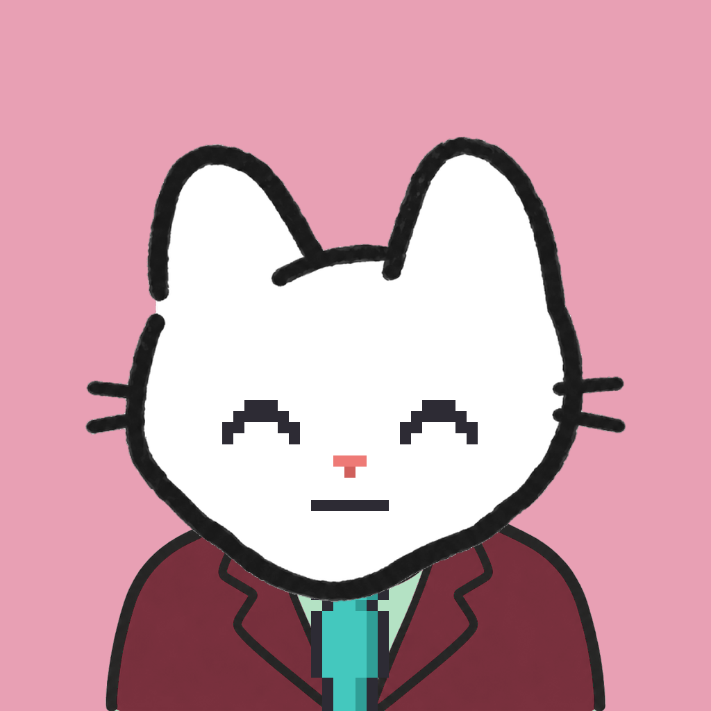 Employee #1626 — a white cat, in a burgundy suit, with a teal tie, on rose