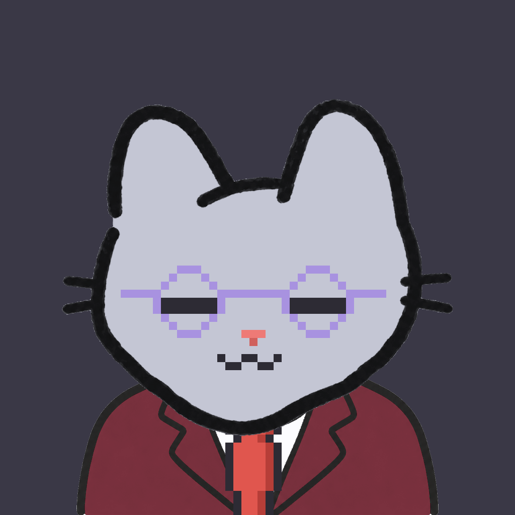 Employee #1627 — a gray cat, in a burgundy suit, with a red tie, wearing round-lavender glasses, on charcoal