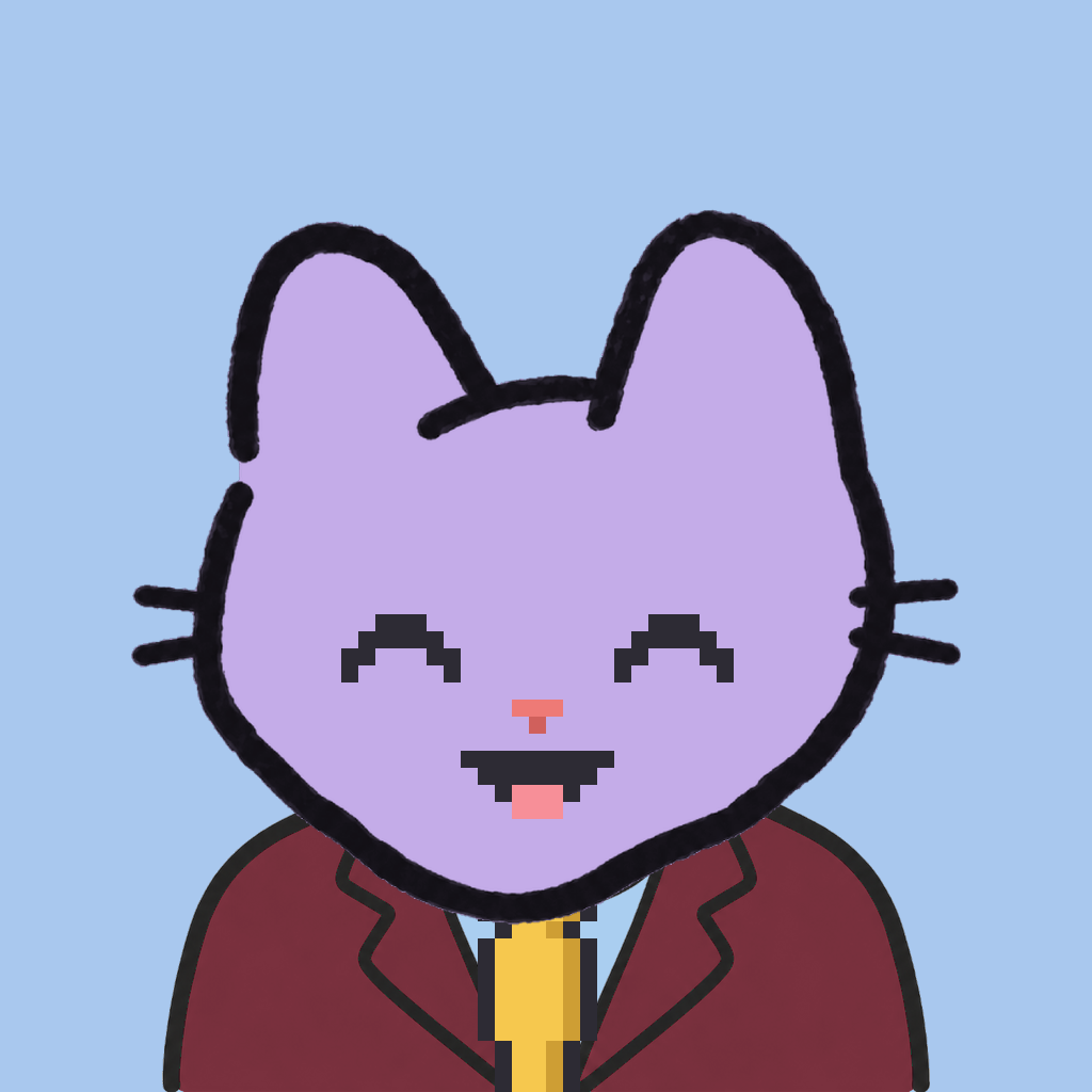 Employee #1628 — a lavender cat, in a burgundy suit, with a gold tie, on sky