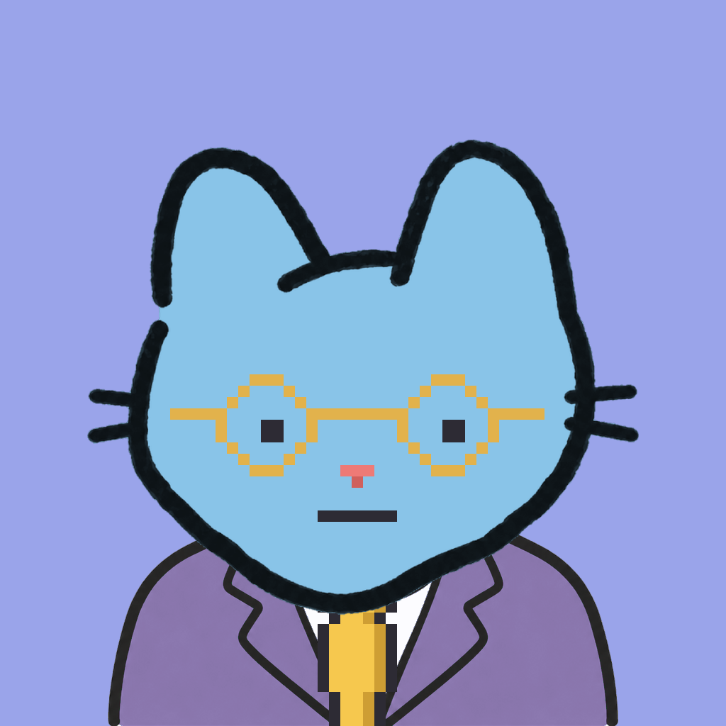 Employee #1629 — a sky cat, in a lavender suit, with a gold tie, wearing round-gold glasses, on periwinkle