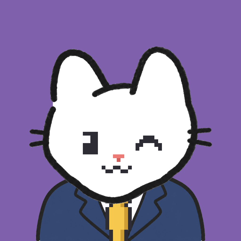Employee #0163 — a white cat, in a navy suit, with a gold tie, on plasma violet