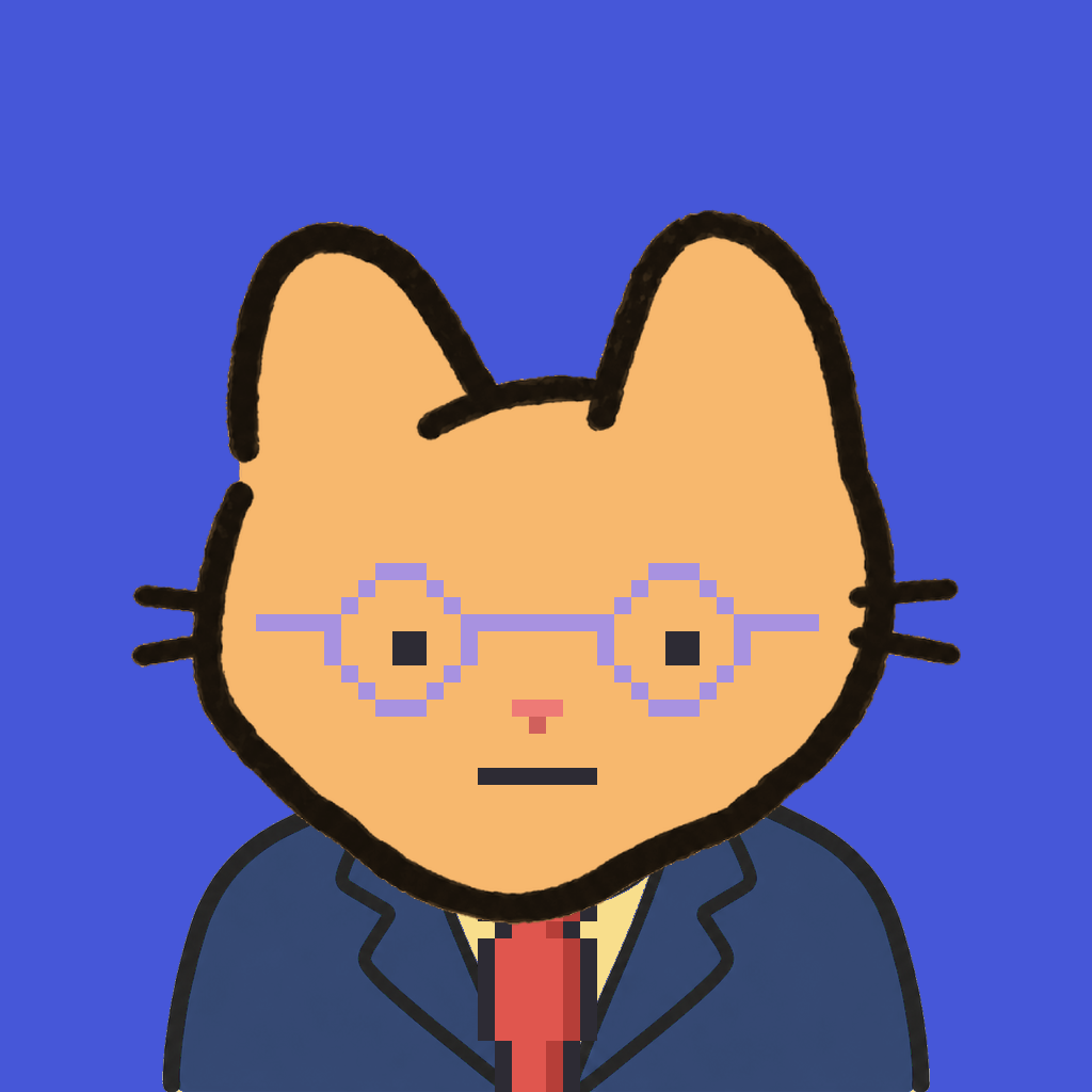 Employee #1630 — a tabby cat, in a navy suit, with a red tie, wearing round-lavender glasses, on royal