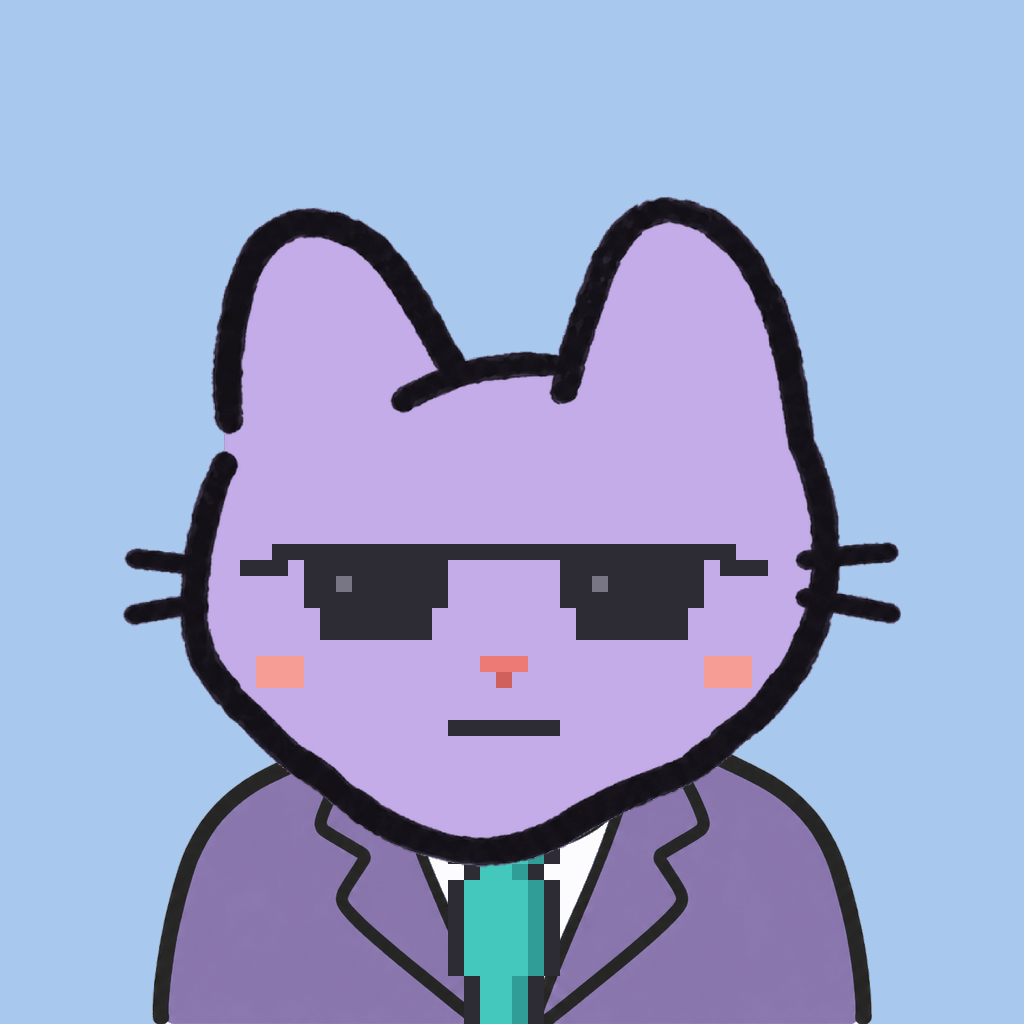 Employee #1631 — a lavender cat, in a lavender suit, with a teal tie, wearing shades glasses, on sky