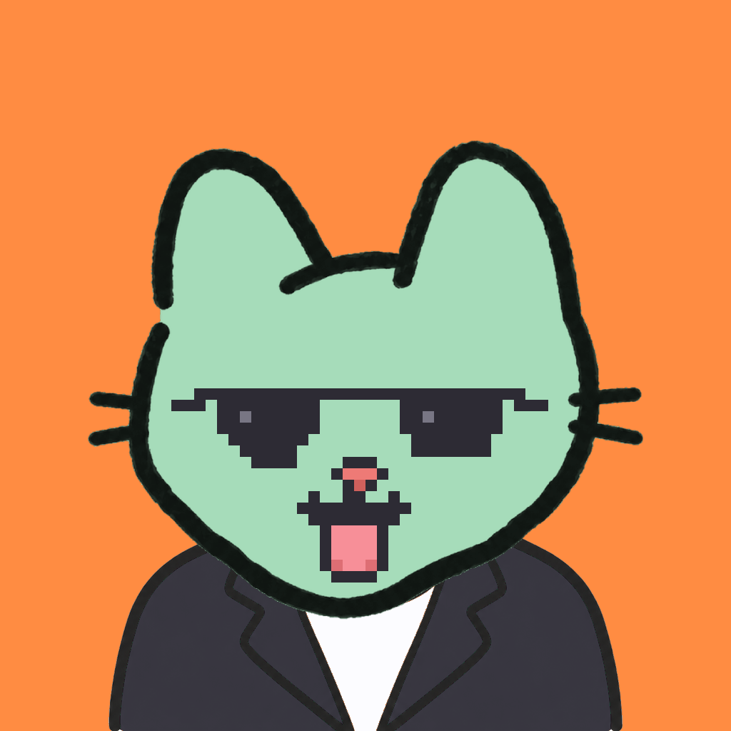 Employee #1632 — a mint cat, in a black suit, wearing shades glasses, on tangerine