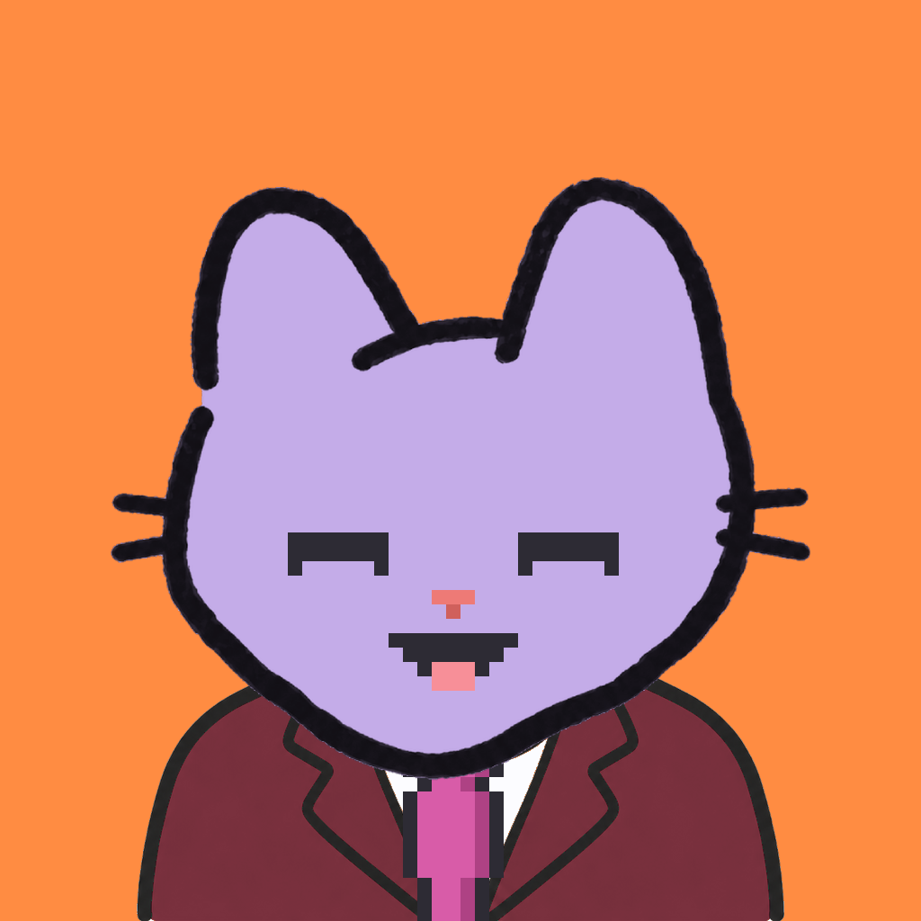 Employee #1633 — a lavender cat, in a burgundy suit, with a magenta tie, on tangerine