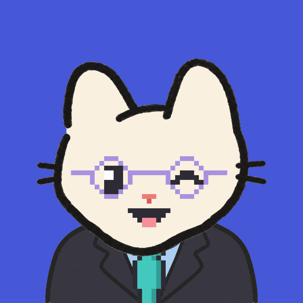 Employee #1634 — a cream cat, in a black suit, with a teal tie, wearing round-lavender glasses, on royal