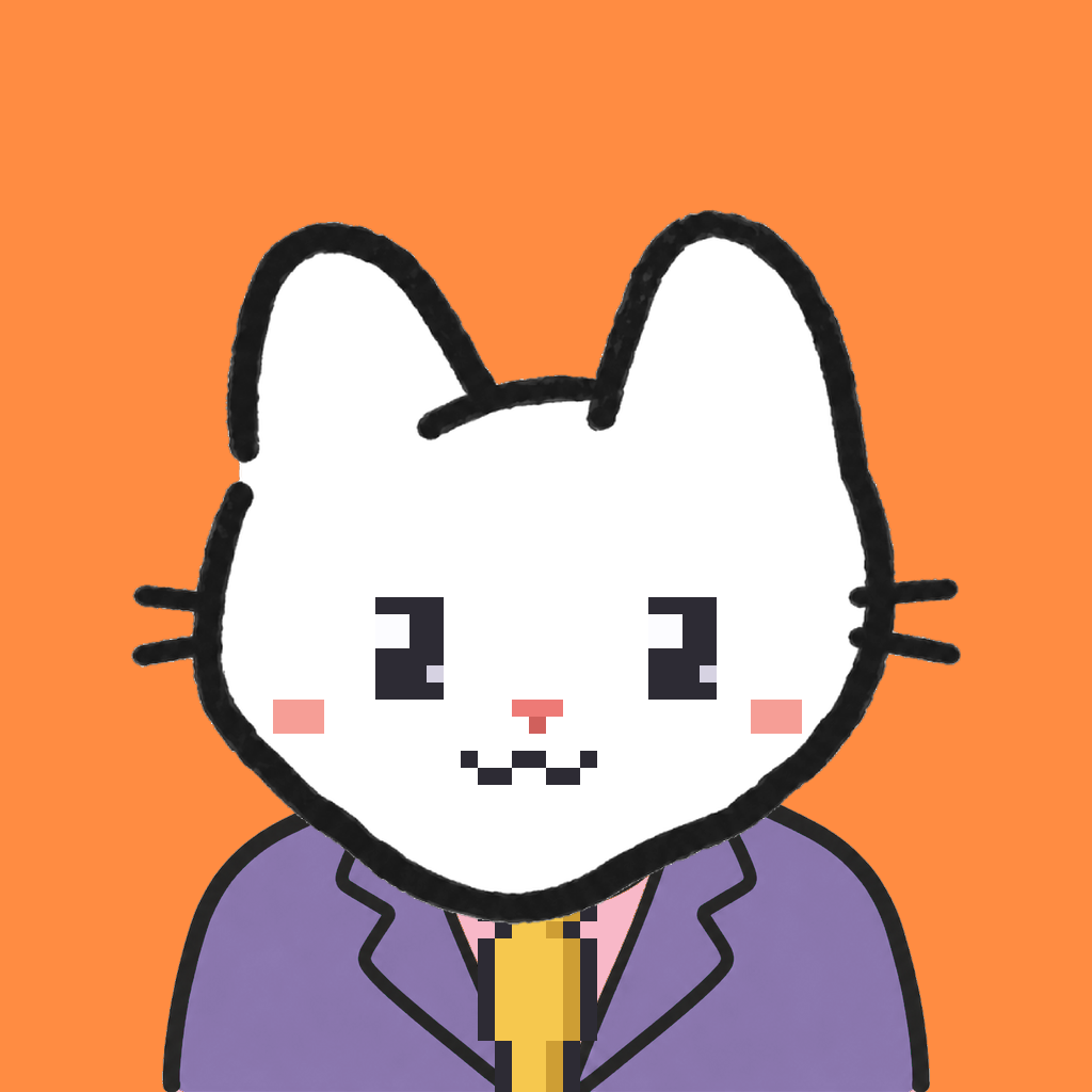 Employee #1635 — a white cat, in a lavender suit, with a gold tie, on tangerine