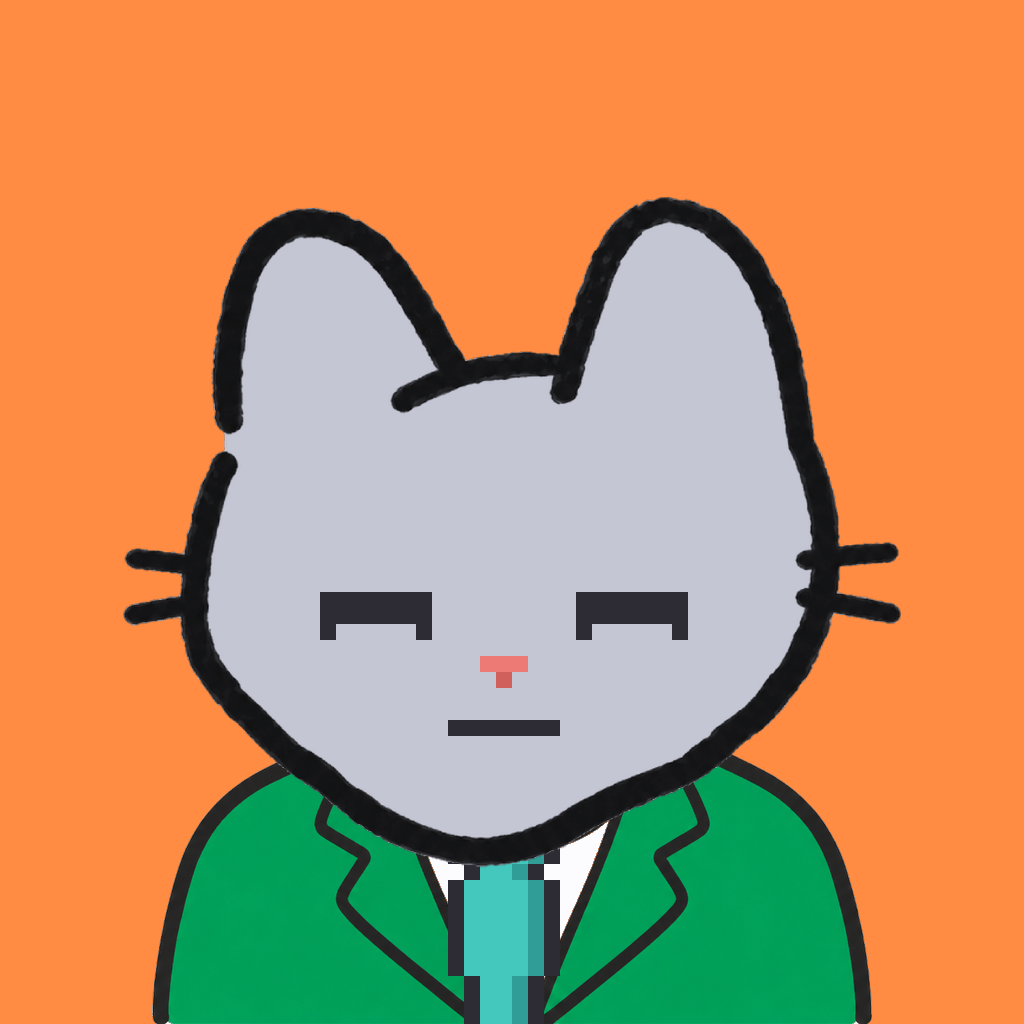 Employee #1636 — a gray cat, in a green suit, with a teal tie, on tangerine