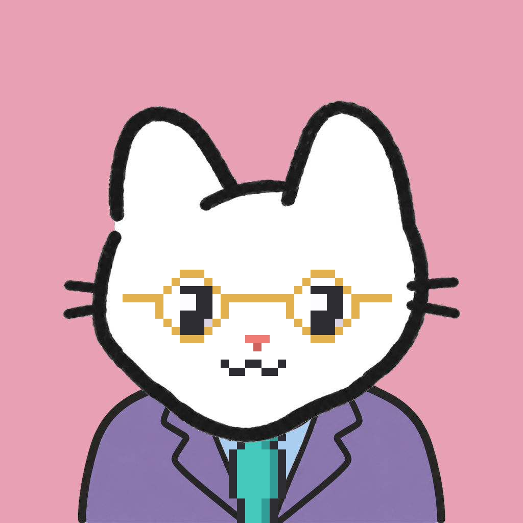 Employee #1637 — a white cat, in a lavender suit, with a teal tie, wearing round-gold glasses, on rose