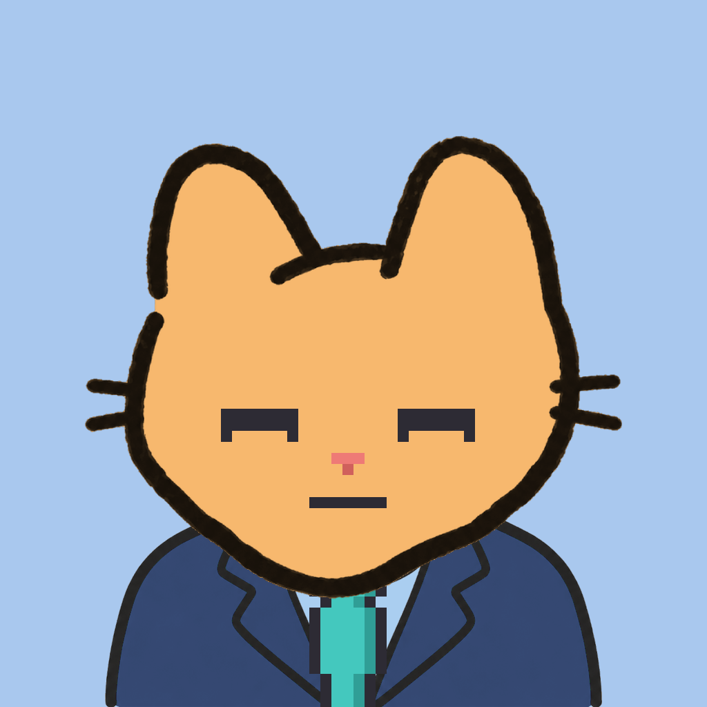 Employee #1639 — a tabby cat, in a navy suit, with a teal tie, on sky