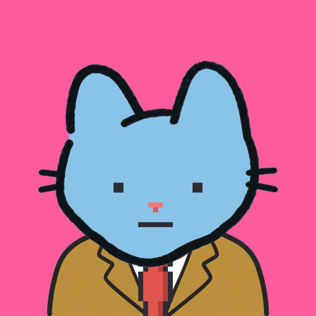 Employee #0164 — a sky cat, in a mustard suit, with a red tie, on hot pink