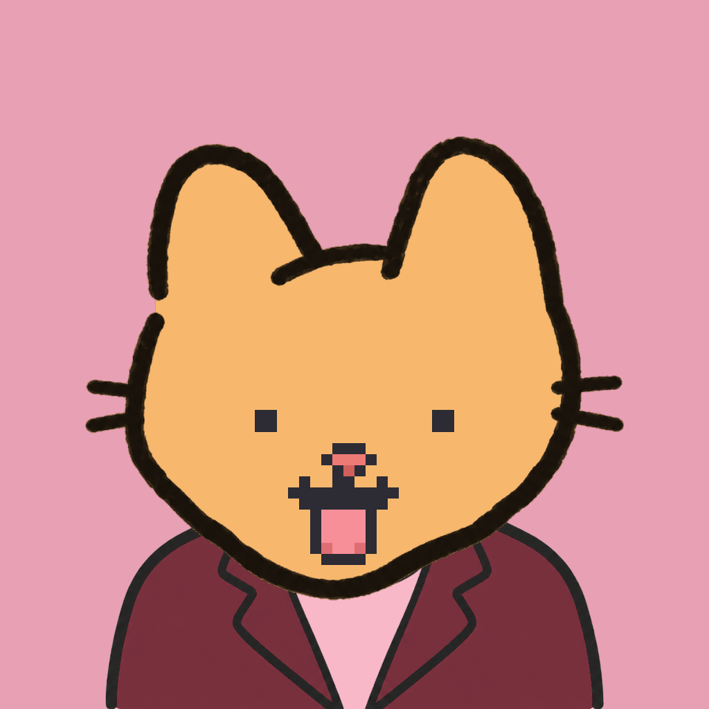 Employee #1640 — a tabby cat, in a burgundy suit, on rose