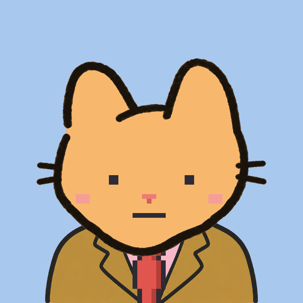 Employee #1641 — a tabby cat, in a mustard suit, with a red tie, on sky