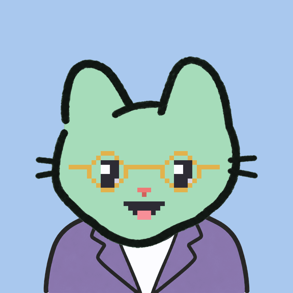 Employee #1642 — a mint cat, in a lavender suit, wearing round-gold glasses, on sky