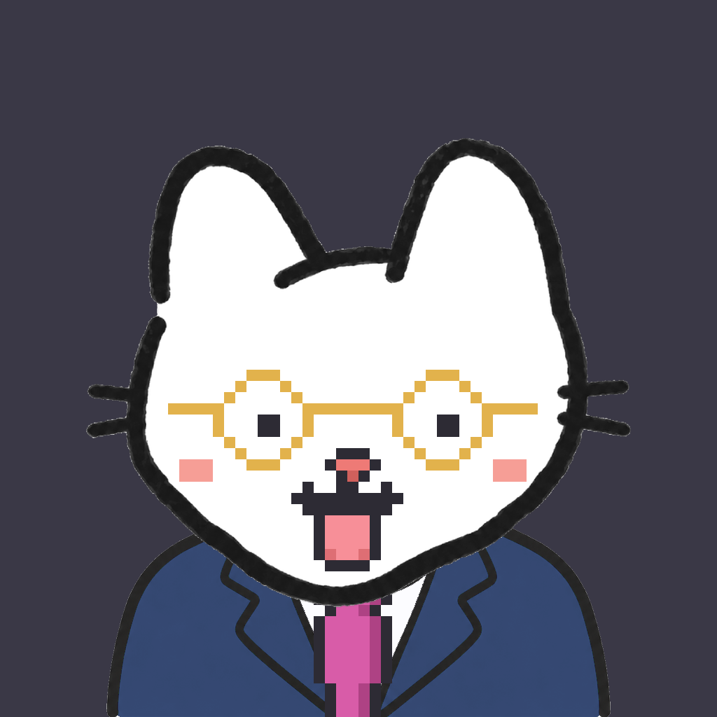 Employee #1643 — a white cat, in a navy suit, with a magenta tie, wearing round-gold glasses, on charcoal