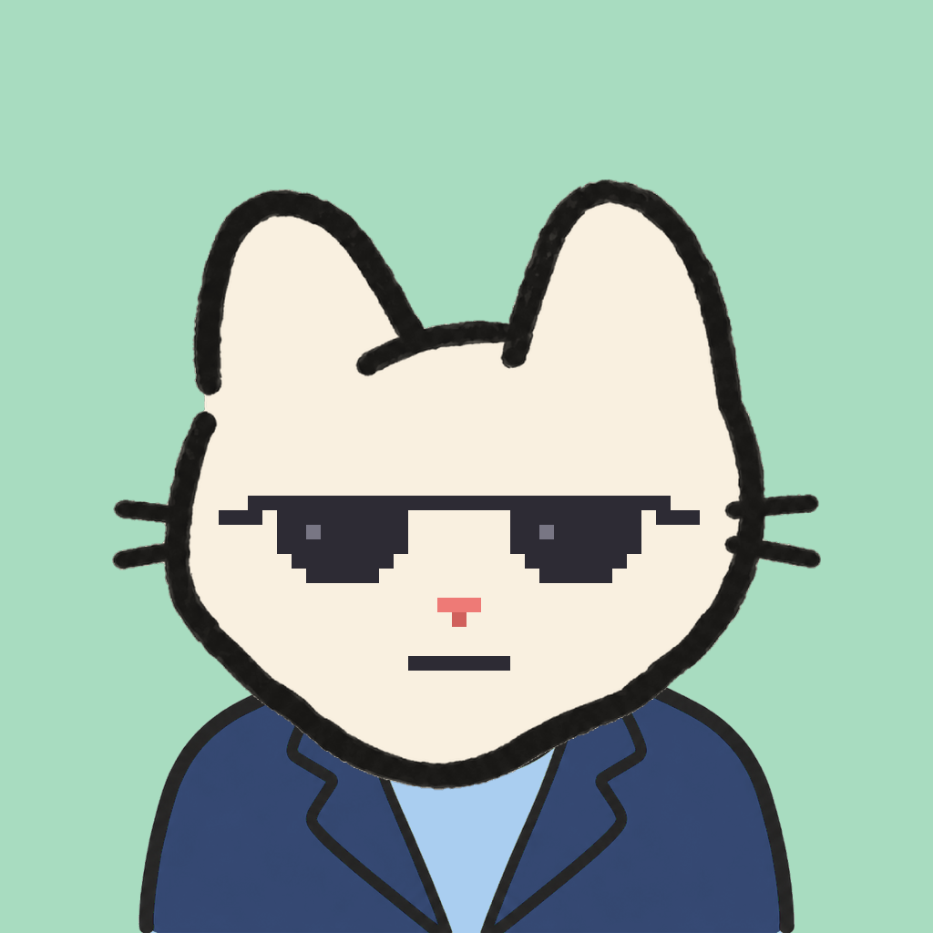Employee #1644 — a cream cat, in a navy suit, wearing shades glasses, on mint