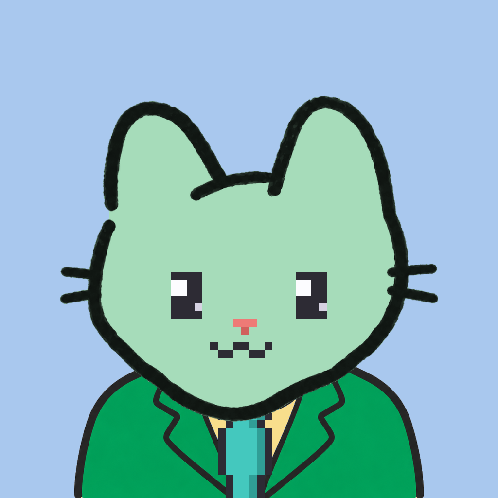 Employee #1645 — a mint cat, in a green suit, with a teal tie, on sky