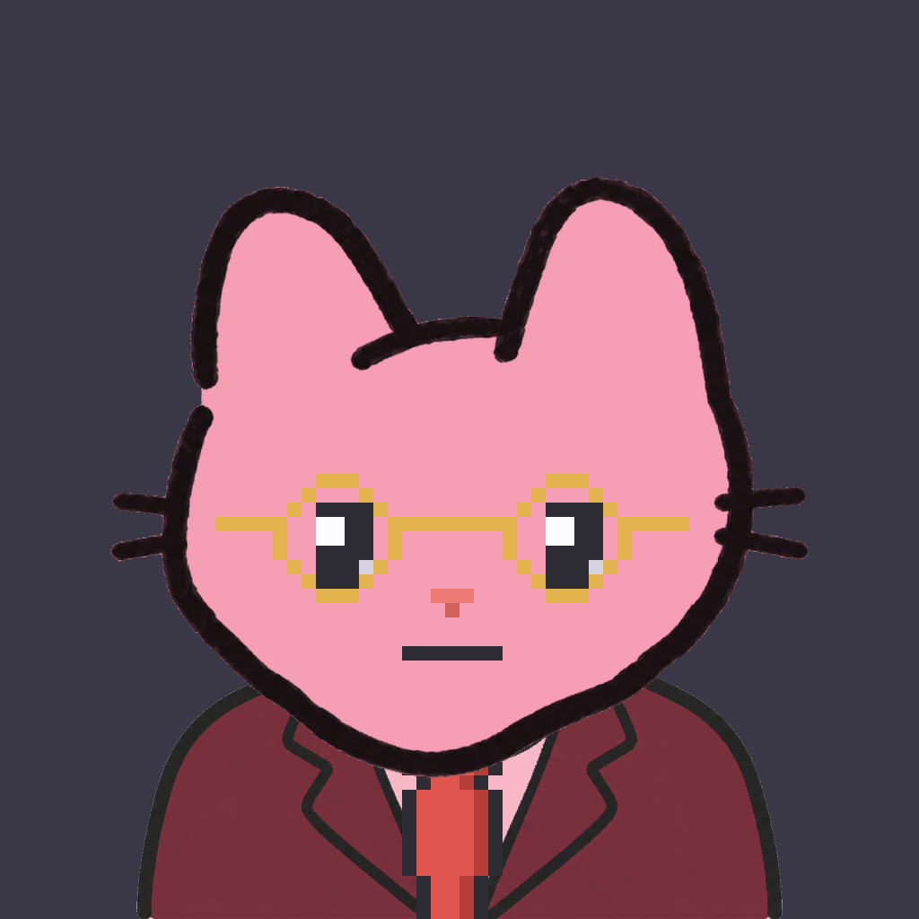 Employee #1646 — a pink cat, in a burgundy suit, with a red tie, wearing round-gold glasses, on charcoal