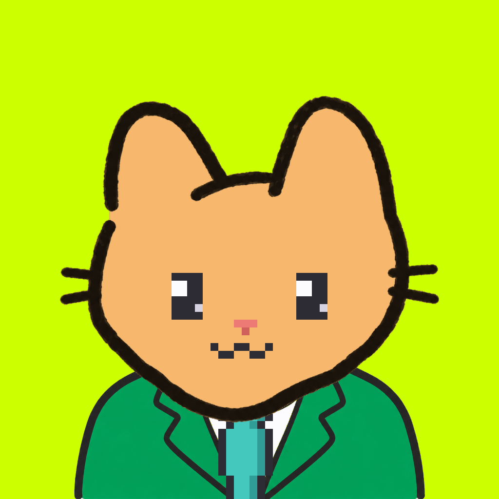 Employee #1647 — a tabby cat, in a green suit, with a teal tie, on volt