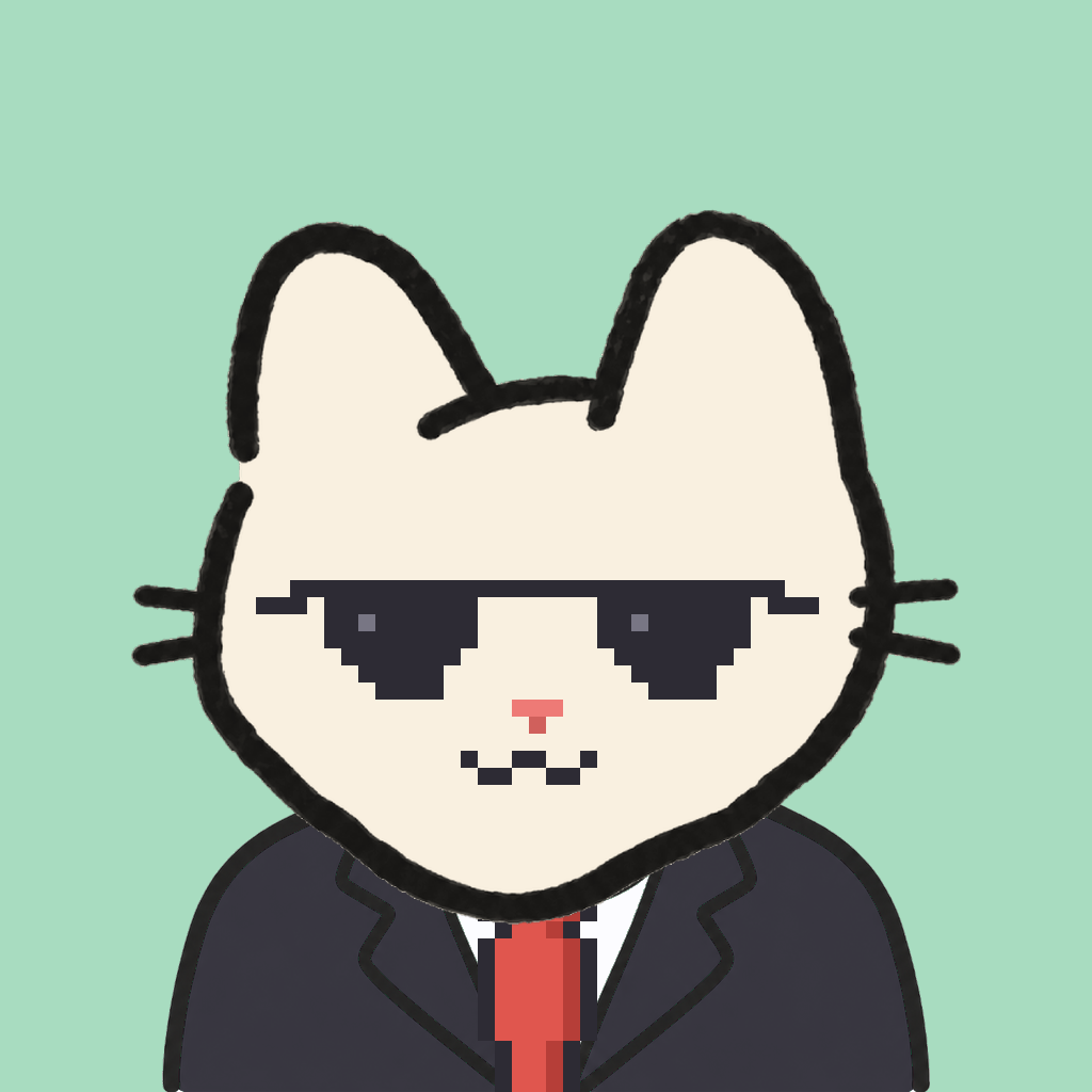 Employee #1648 — a cream cat, in a black suit, with a red tie, wearing shades glasses, on mint