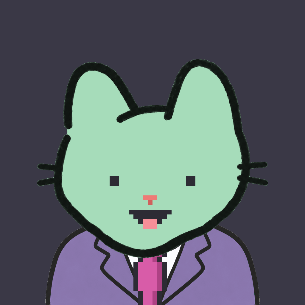 Employee #1649 — a mint cat, in a lavender suit, with a magenta tie, on charcoal