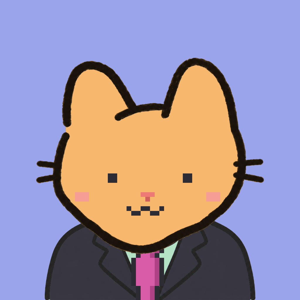 Employee #0165 — a tabby cat, in a black suit, with a magenta tie, on periwinkle