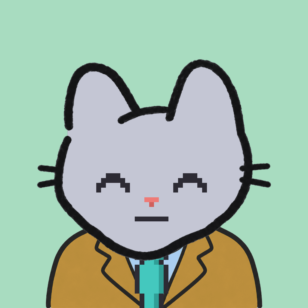 Employee #1650 — a gray cat, in a mustard suit, with a teal tie, on mint