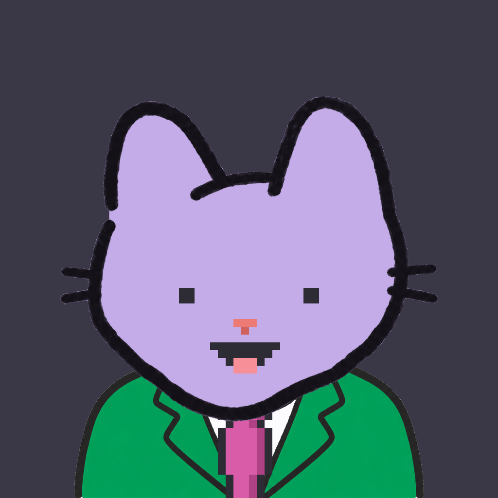 Employee #1651 — a lavender cat, in a green suit, with a magenta tie, on charcoal