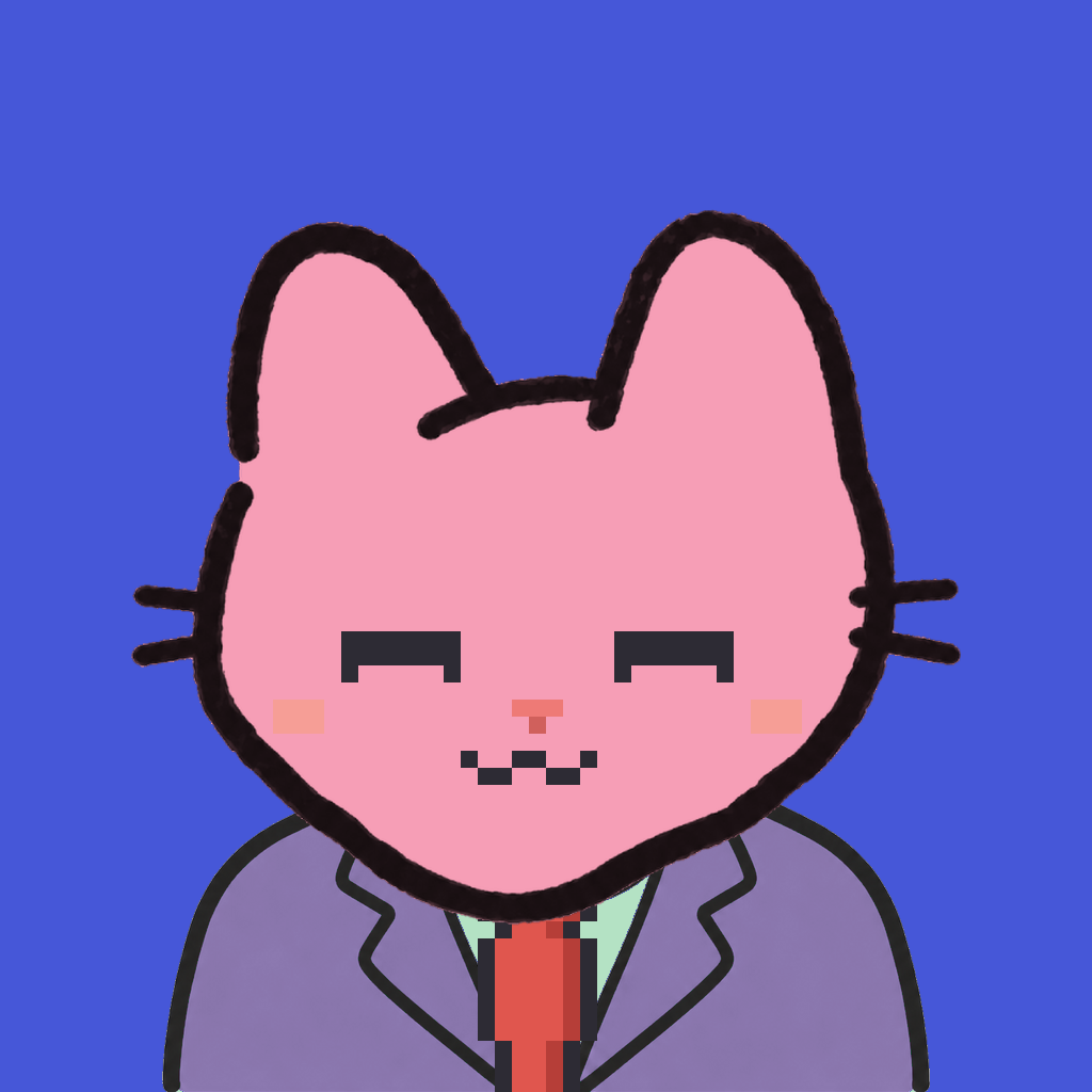Employee #1652 — a pink cat, in a lavender suit, with a red tie, on royal