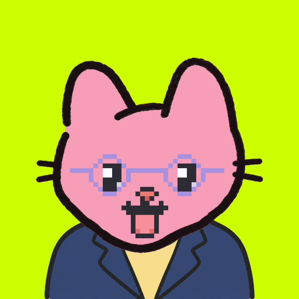 Employee #1653 — a pink cat, in a navy suit, wearing round-lavender glasses, on volt