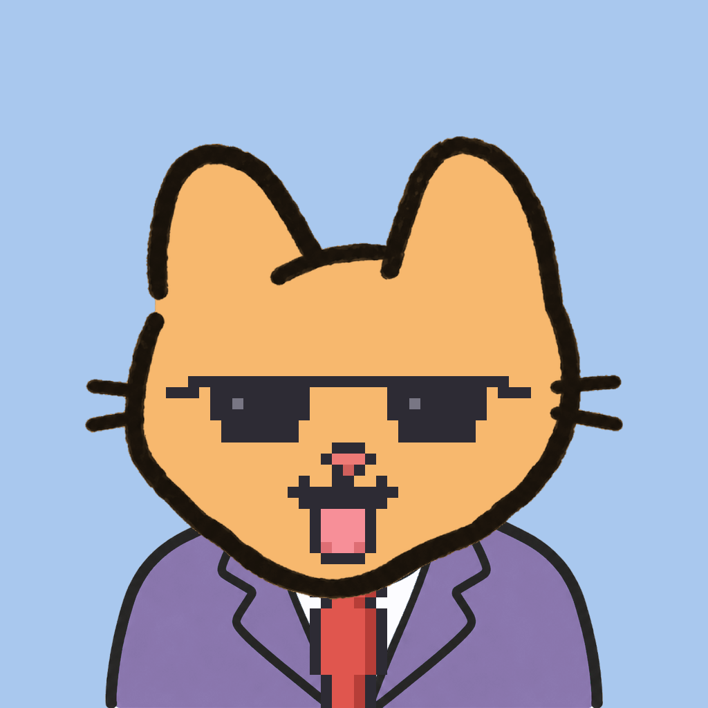 Employee #1654 — a tabby cat, in a lavender suit, with a red tie, wearing shades glasses, on sky
