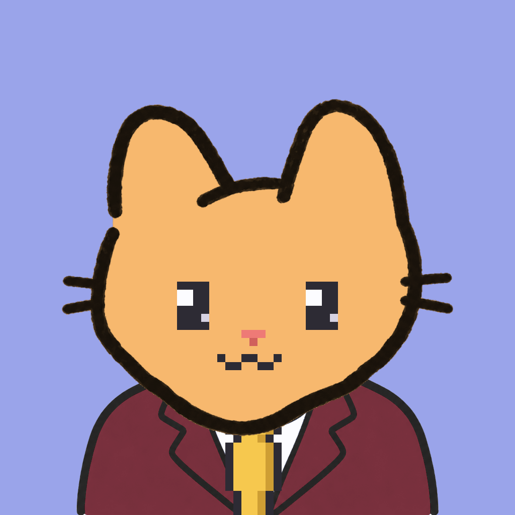 Employee #1655 — a tabby cat, in a burgundy suit, with a gold tie, on periwinkle