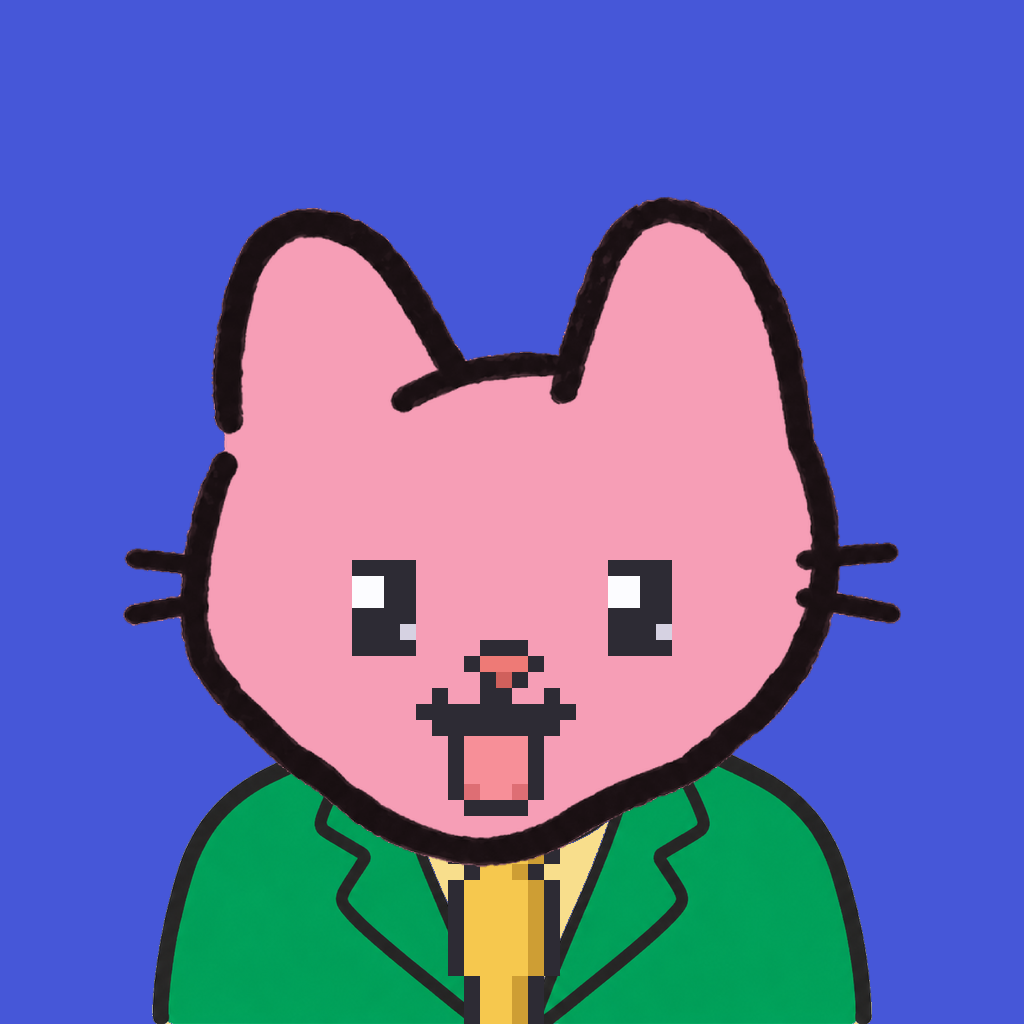 Employee #1656 — a pink cat, in a green suit, with a gold tie, on royal